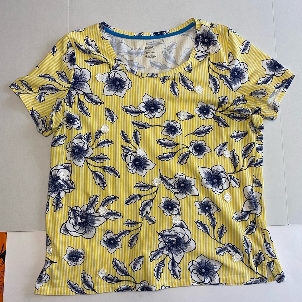 Rafaella Yellow and Navy Floral Short Sleeve Top‎
